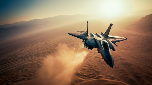 Un avión de combate vuela sobre un desierto con la puesta de sol detrás de él.