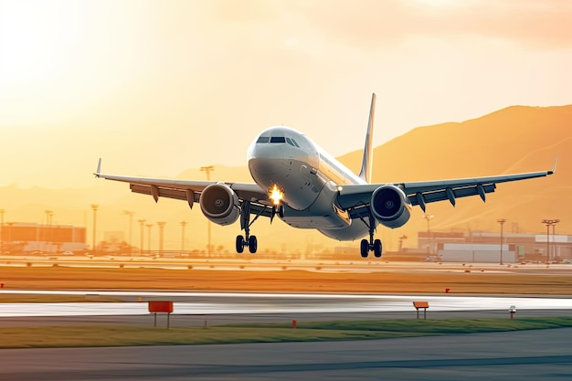 Avión comercial está despegando con fondo de paisaje urbano Modo de transporte moderno y más rápido