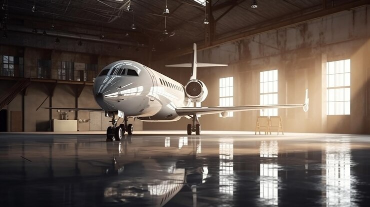 Avión comercial en hangar interiorgenerative ai