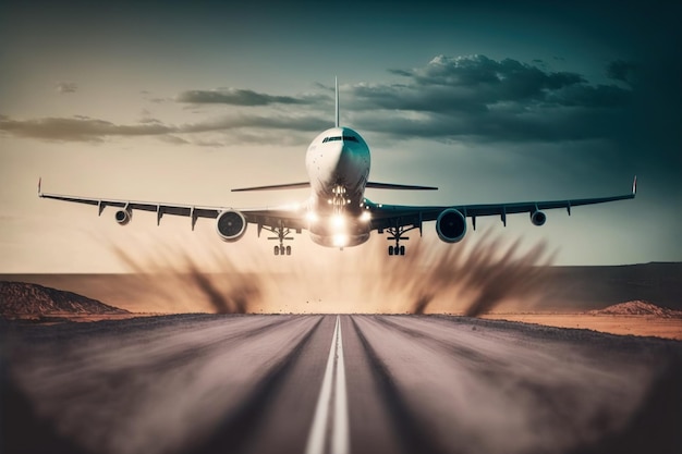 Foto avión comercial o de carga despegando de la pista del aeropuerto
