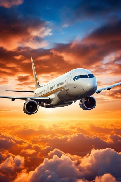 avión comercial de pasajeros volando por encima de las nubes en la hermosa luz del atardecer