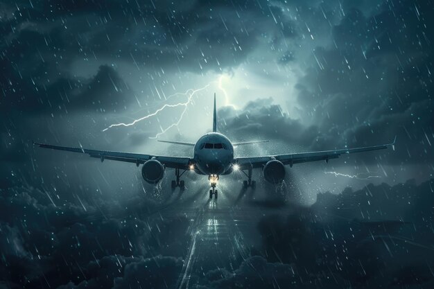 Foto avión comercial que se acerca a través de una tormenta con relámpagos visibles y fuertes lluvias