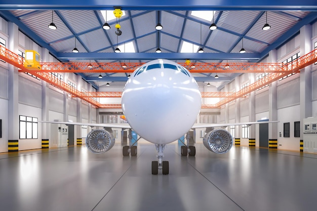 Avión comercial de renderizado 3d en hangar para mantenimiento