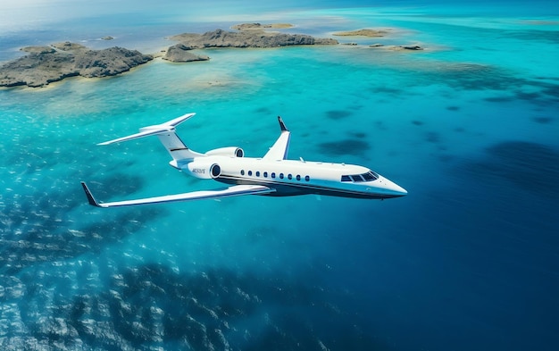 Avión comercial de vista aérea sobre aguas azules del océano IA generativa