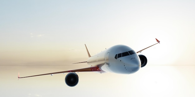 Avión comercial volando en el cielo del atardecer