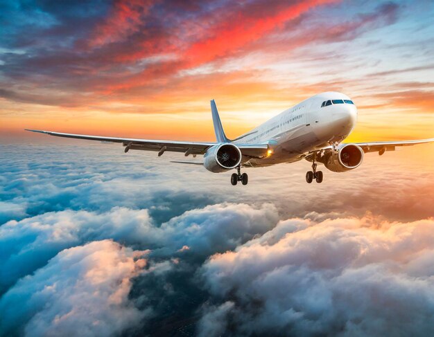 Avión comercial volando por encima de las dramáticas nubes amarillas durante la puesta de sol