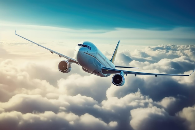 Avión comercial volando por encima de las nubes