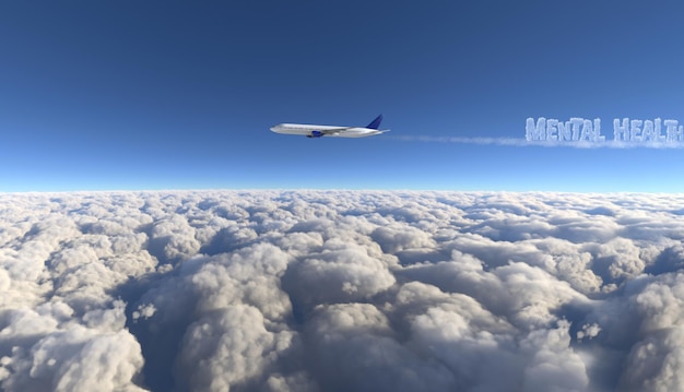 Avión comercial volando con escritura de humo de Salud Mental - Ilustración 3D.
