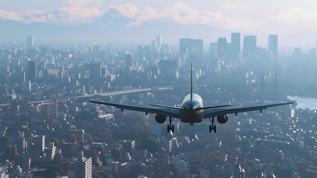 Avión comercial volando sobre la ciudad.