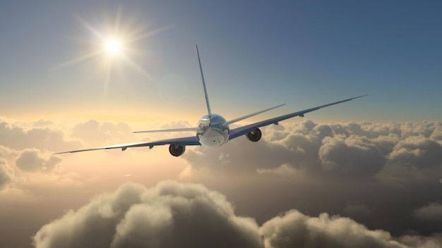 Avión comercial volando sobre las nubes