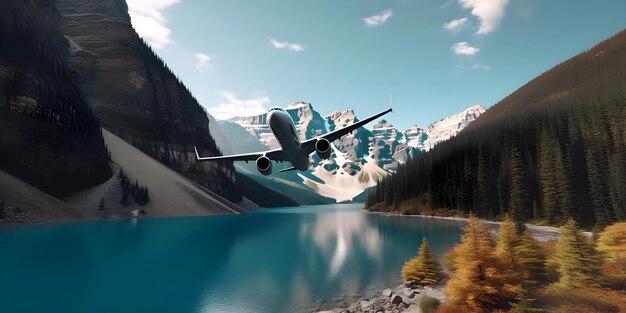 Avión comercial volando sobre un paisaje escénico en la hermosa luz del atardecer generado por IA