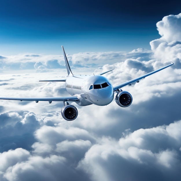 Foto avión comercial volando a través de las nubes