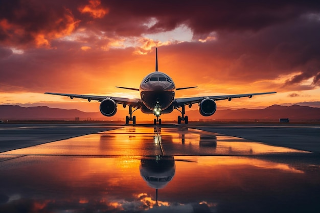 Avión contra un fondo de puesta de sol Ai generativo