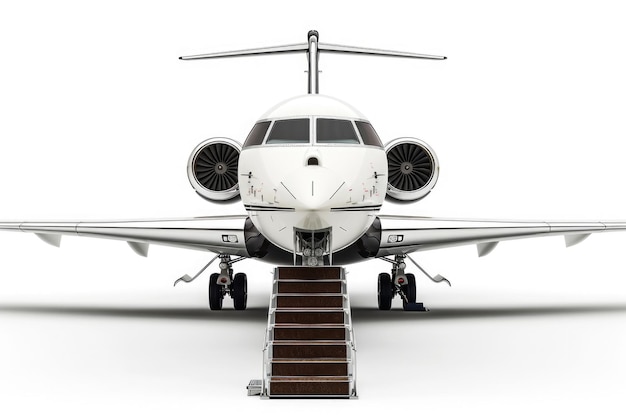 Foto avión corporativo de lujo con una puerta de pasarela abierta aislada sobre un fondo blanco