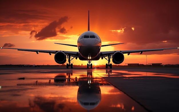 Avión deslizándose en la pista al atardecer Generativo Ai