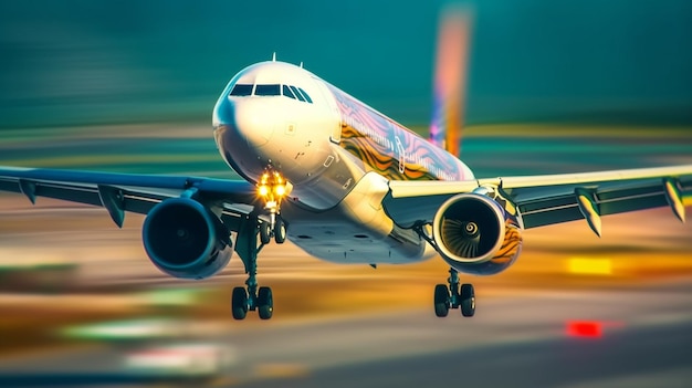 Un avión despega de noche con las luces encendidas ai generativo