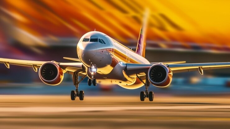 Un avión despega de noche con las luces encendidas ai generativo