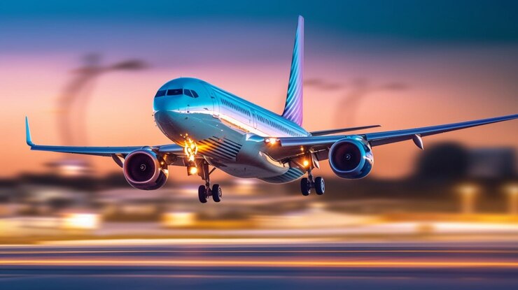Un avión despega de noche con las luces encendidas ai generativo