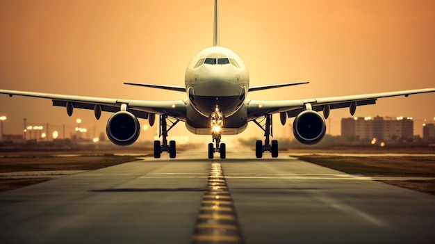 Avión despegando de la pista del aeropuerto vista frontal IA generativa