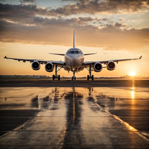 Un avión despegando de una pista al atardecer