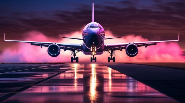 Avión despegando de la pista por la noche