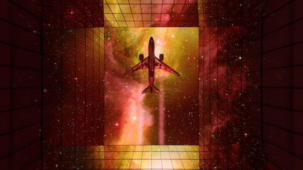 Un avión de diamantes vuela contra el fondo del cielo y los rascacielos reflejados en color verde rojo d i...