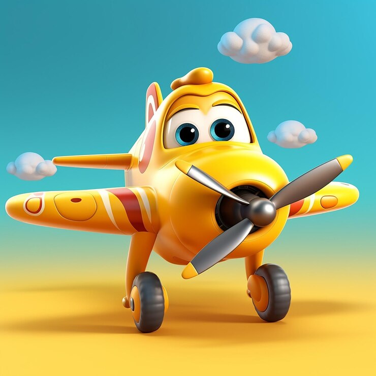 Un avión de dibujos animados con una nariz amarilla y un fondo azul con un cielo azul detrás.