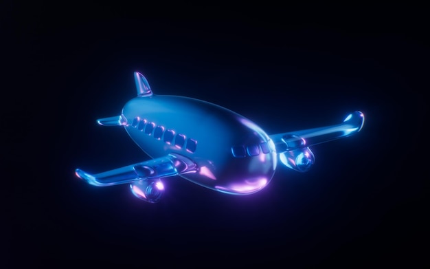 Un avión con efecto de luz de neón oscuro renderización 3D