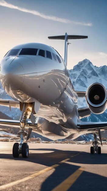 Avión ejecutivo blanco moderno con puerta de pasarela abierta en el fondo de montañas cubiertas de nieve