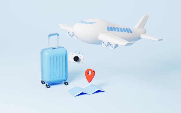 avión, y, equipaje, en, el, fondo azul, viaje, tema, 3d, interpretación