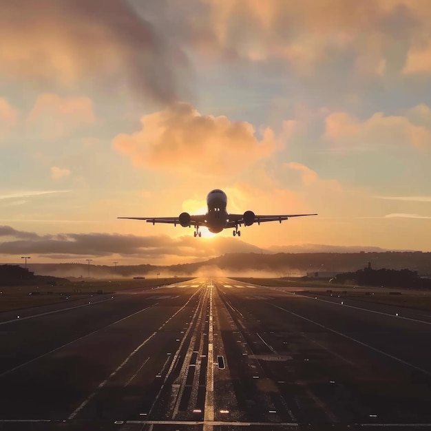 El avión está aterrizando al amanecer.