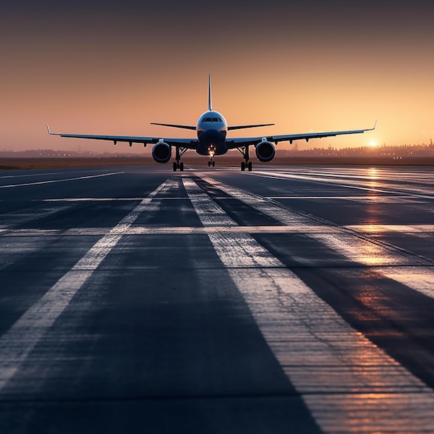 Un avión está despegando de la pista al atardecer.