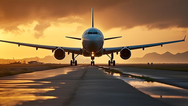 un avión está despegando de la pista al atardecer