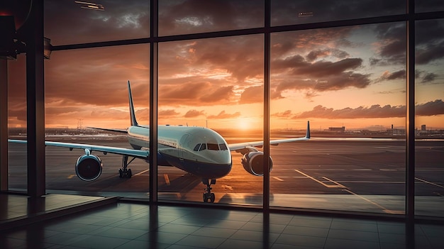 Un avión está estacionado en un aeropuerto con la puesta de sol detrás de él.