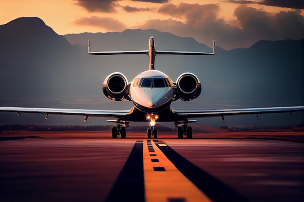 Un avión está en la pista al atardecer con montañas al fondo.