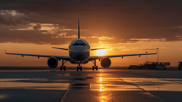 Un avión está en la pista al atardecer.