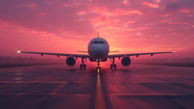 un avión está en la pista de aterrizaje en el aeropuerto con el sol rojo brillante poniéndose detrás de él