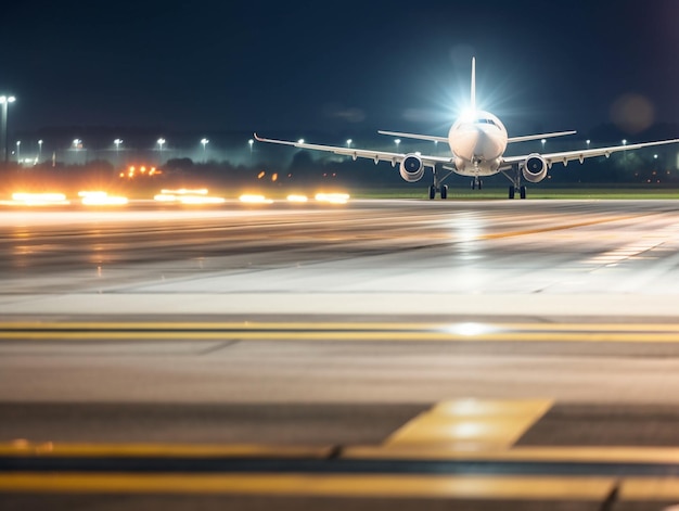 Un avión está en una pista de noche con las luces encendidas.