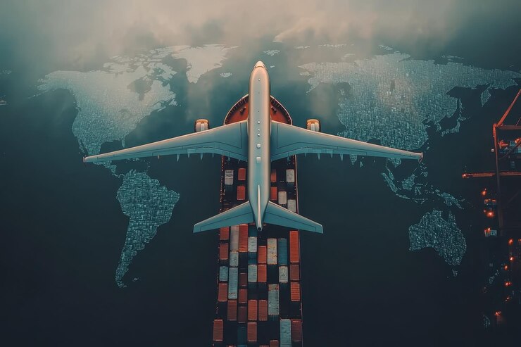 El avión está rodeado de muchos contenedores de carga