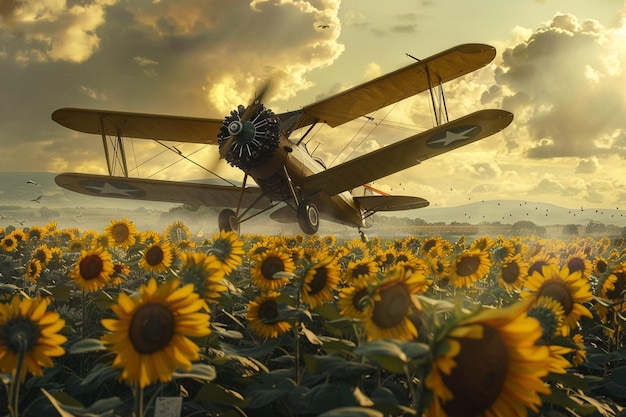 un avión está volando en un campo de girasoles