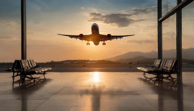 Un avión está volando en el cielo por encima de una fila de sillas