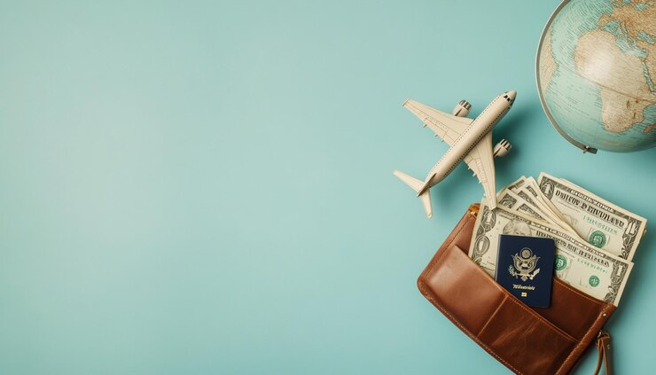 un avión está volando sobre una bolsa marrón con una bandera azul y un fondo azul