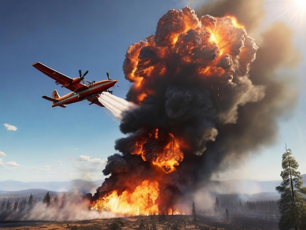 El avión está volando sobre un gran incendio con una gran columna de humo detrás de él