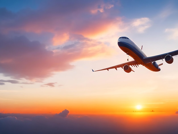 El avión está volando sobre nubes bajas en el paisaje de la puesta del sol con un increíble avión de pasajeros