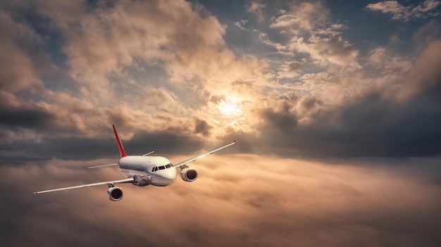 El avión está volando sobre las nubes en la hermosa puesta de sol en verano Paisaje con avión de pasajeros cielo naranja El avión está despegando Viajes de negocios Avión comercial Vista aérea Transporte