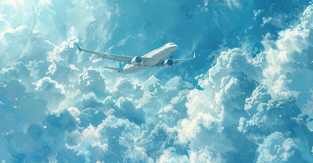 el avión está en vuelo a través del cielo azul en el estilo de verde y azul simple IA generativa