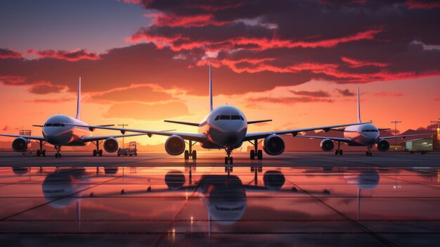 Un avión en el estacionamiento del aeropuerto durante la puesta de sol Creado con tecnología de IA generativa