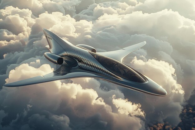 un avión futurista con un diseño futurista está volando a través de las nubes