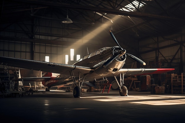 Foto avión en un hangar con iluminación y sombras dramáticas