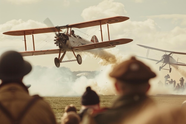 Foto un avión con una hélice volando en el cielo y la gente mirando